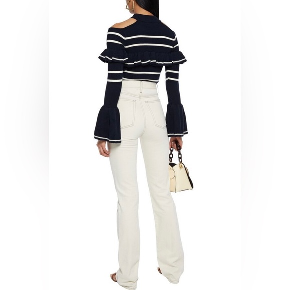 Self-Portrait Navy Blue Frill Cut-Out Shoulder Wool Sweater - S - Picture 5 of 13